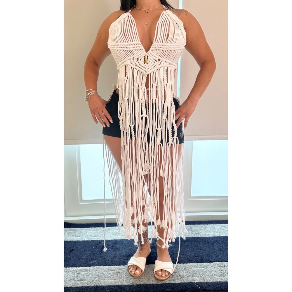 Handmade Macrame Crochet Fringe Beach Swimsuit Cover Up White M/L